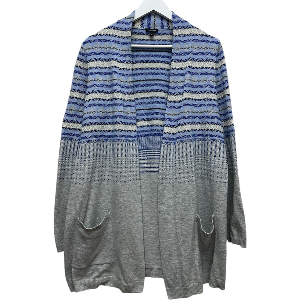 Talbots Sweater Womens Sz L Gray Open Front Pockets Cardigan Cozy  Lambswool